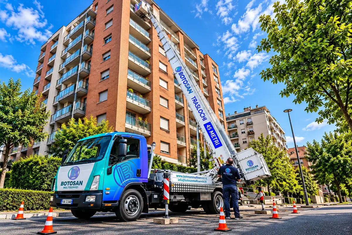 Autoscala da 45 metri al lavoro su un palazzo a Milano