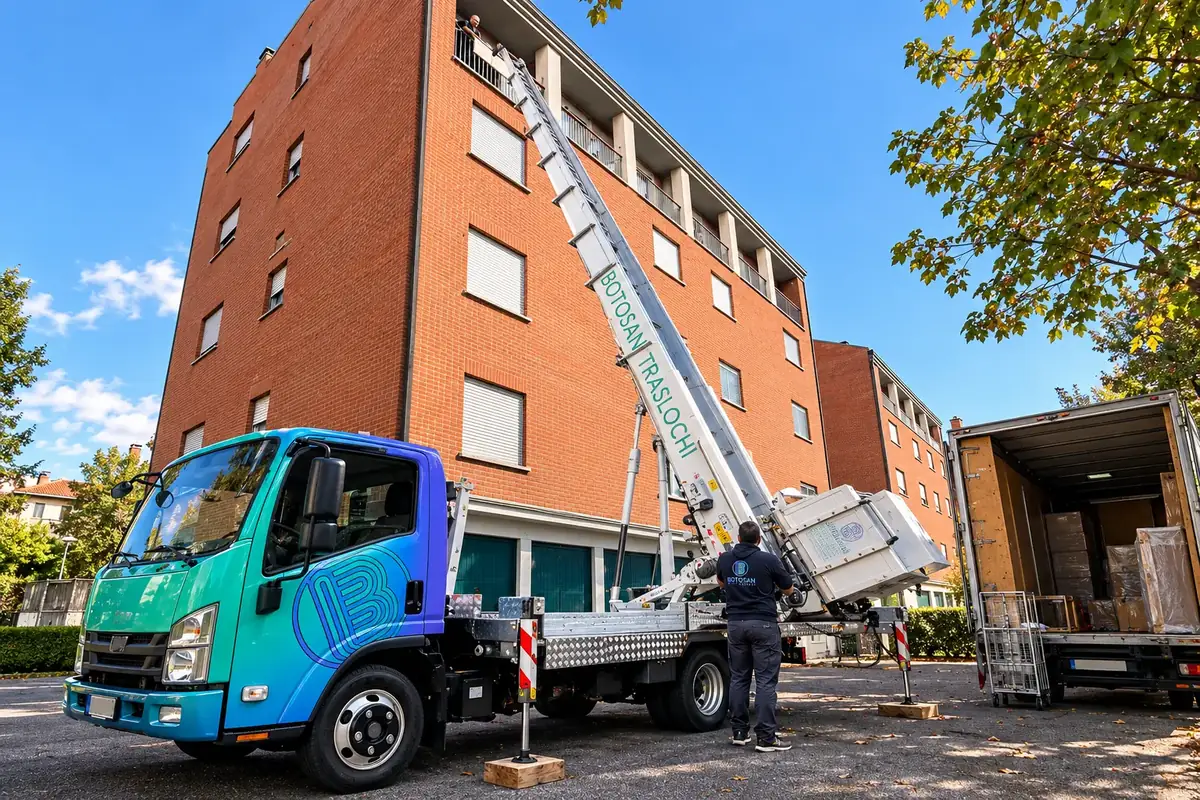 Autocarro con scala aerea davanti a un palazzo