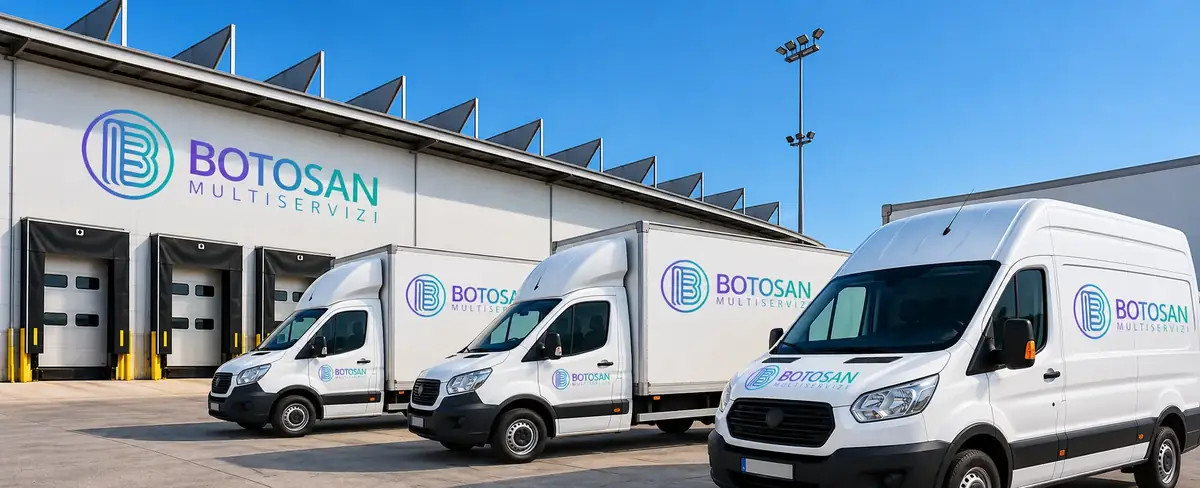 La flotta di furgoni e camion Botosan Multiservizi davanti al magazzino