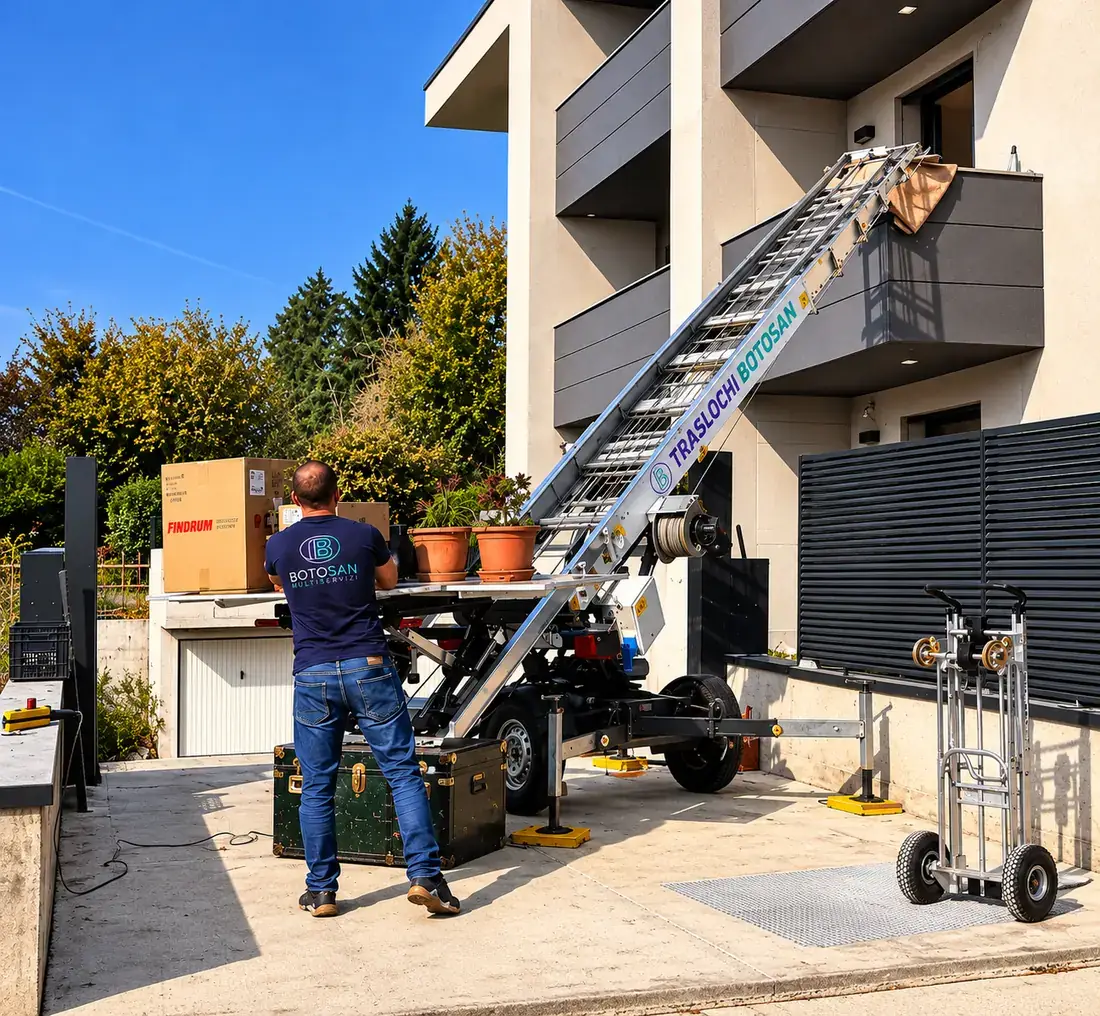 Scala aerea con pianale carico davanti a una villa